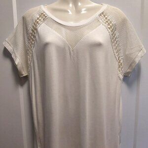 MILAN KISS Women's White Short Sleeves Knit Top w/Lace, Mesh Trim - Size XL